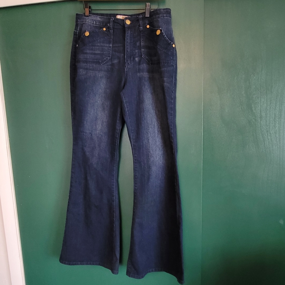 HYBRID Women's Super Boho Wide Flare Blue Retro Style Jeans Size 14